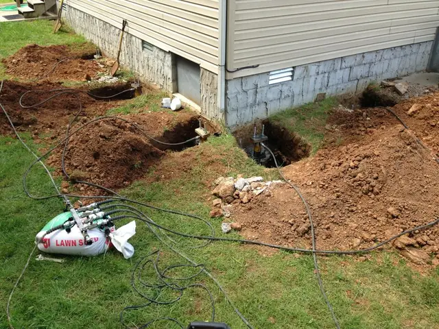 Ground Up Foundation Repair, Waterproofing and Concrete Leveling installing push piers with a hydraulic ram for foundation