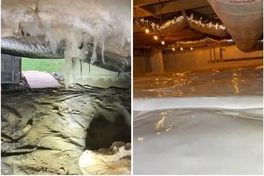 Ground Up Foundation Repair, Waterproofing and Concrete Leveling's crawl space encapsulation, before and after vapor barrier 