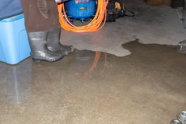 A flooded basement with standing water on the concrete floor.