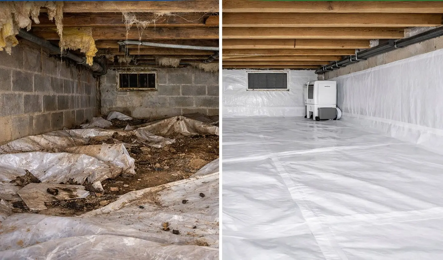Ground Up Foundation Repair, Waterproofing and Concrete Leveling transforming a crawl space with encapsulation and vapor barr