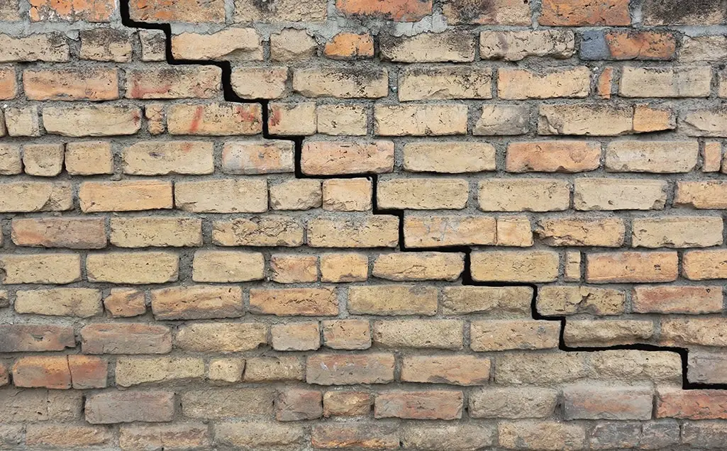 Inspecting a stair-step crack in a brick foundation.
