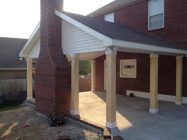 Ground Up Foundation Repair, Waterproofing and Concrete Leveling showcasing a newly constructed patio cover and brick chimney