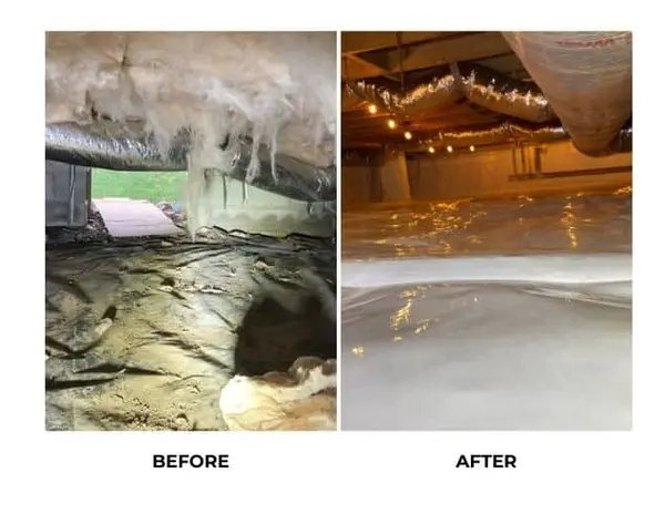 A damp, moisture affected crawl space before and after vapor barrier installation.
