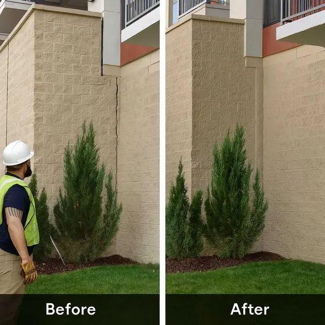 A technician inspecting a vertical crack in a commercial building foundation.