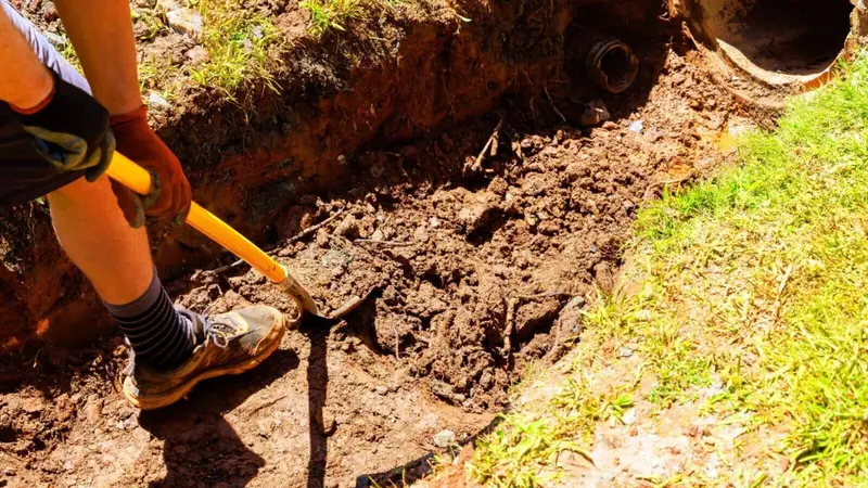 Installing exterior French drain pipe in a newly dug trench.