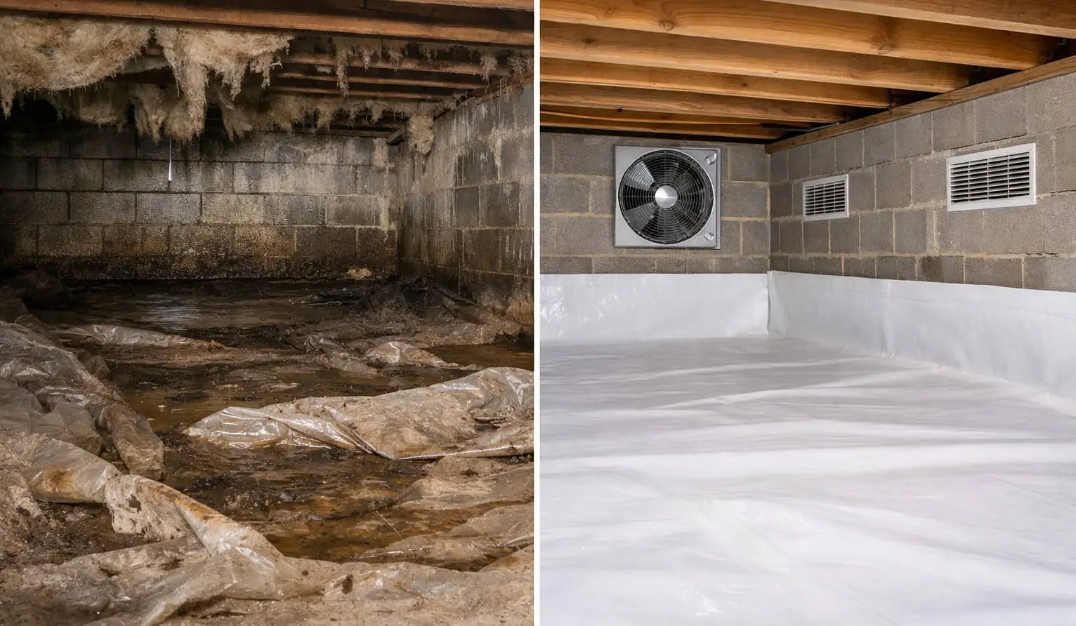 Ground Up Foundation Repair, Waterproofing and Concrete Leveling showcasing a before and after of a wet crawl space encapsula