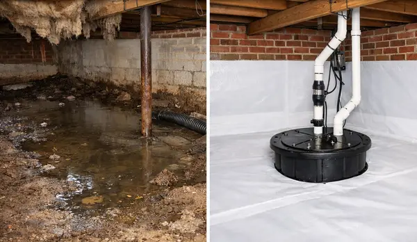 Ground Up Foundation Repair, Waterproofing and Concrete Leveling transforming a wet crawl space with a new sump pump and vapo