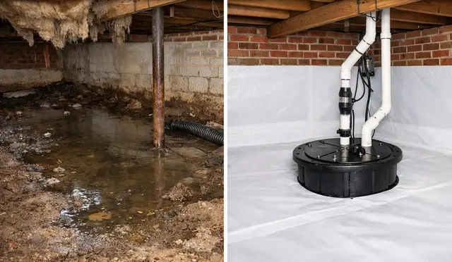 Ground Up Foundation Repair, Waterproofing and Concrete Leveling transforming a wet crawl space with a new sump pump and vapo