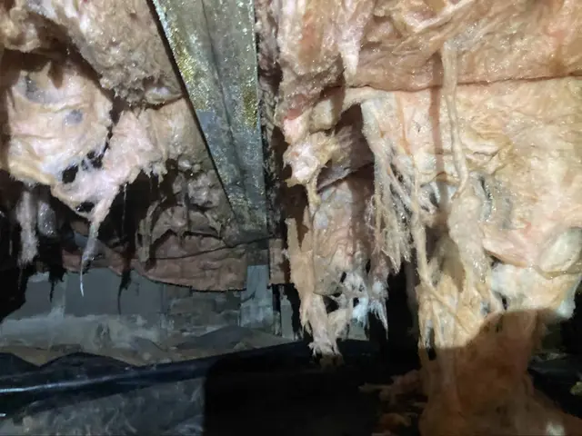 Severe mold and mildew on deteriorated crawl space insulation.