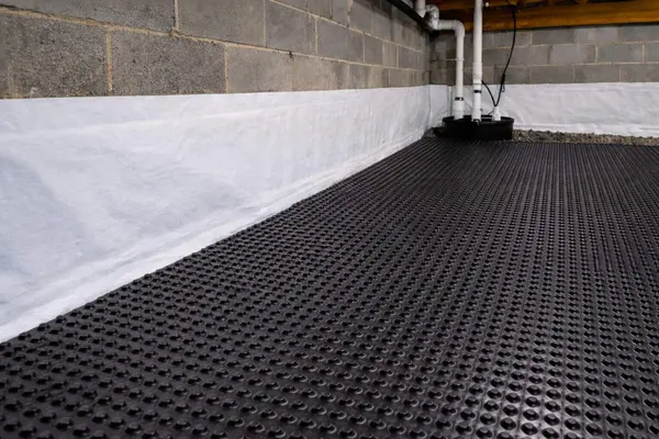 Interior water management system installed against a concrete block wall to stop groundwater seepage.