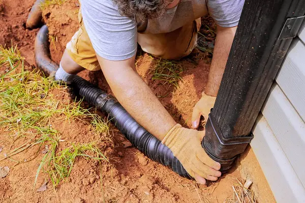 Installing downspout extensions for exterior water drainage.