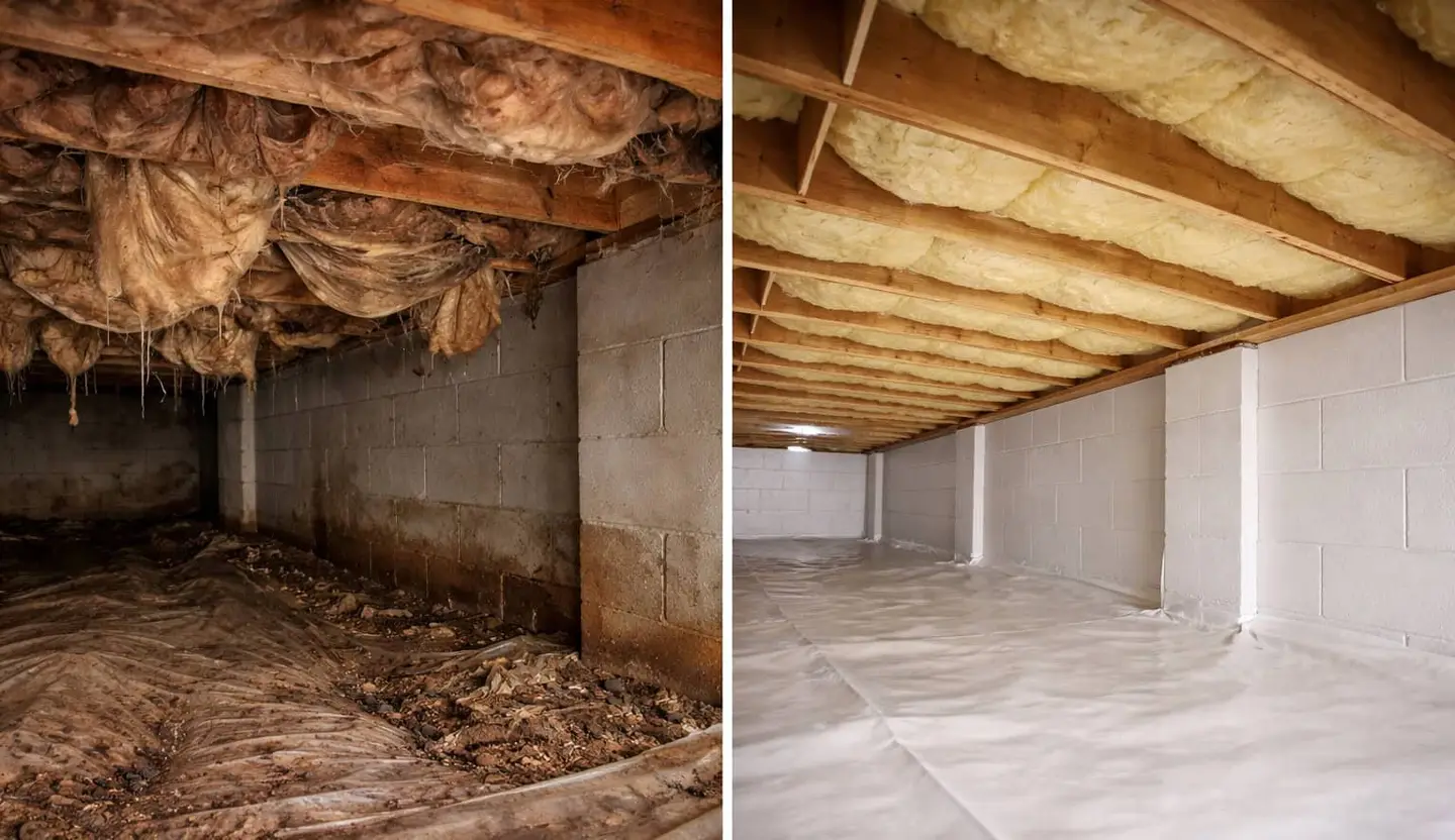 Damaged, deteriorating insulation hanging in an unencapsulated crawl space.