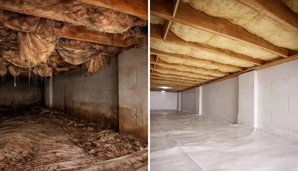 Ground Up Foundation Repair, Waterproofing and Concrete Leveling transforming a crawl space with new vapor barrier and insula