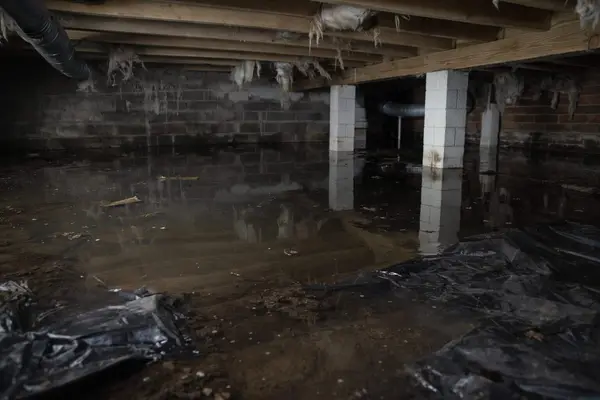 A severely flooded crawl space with standing water.