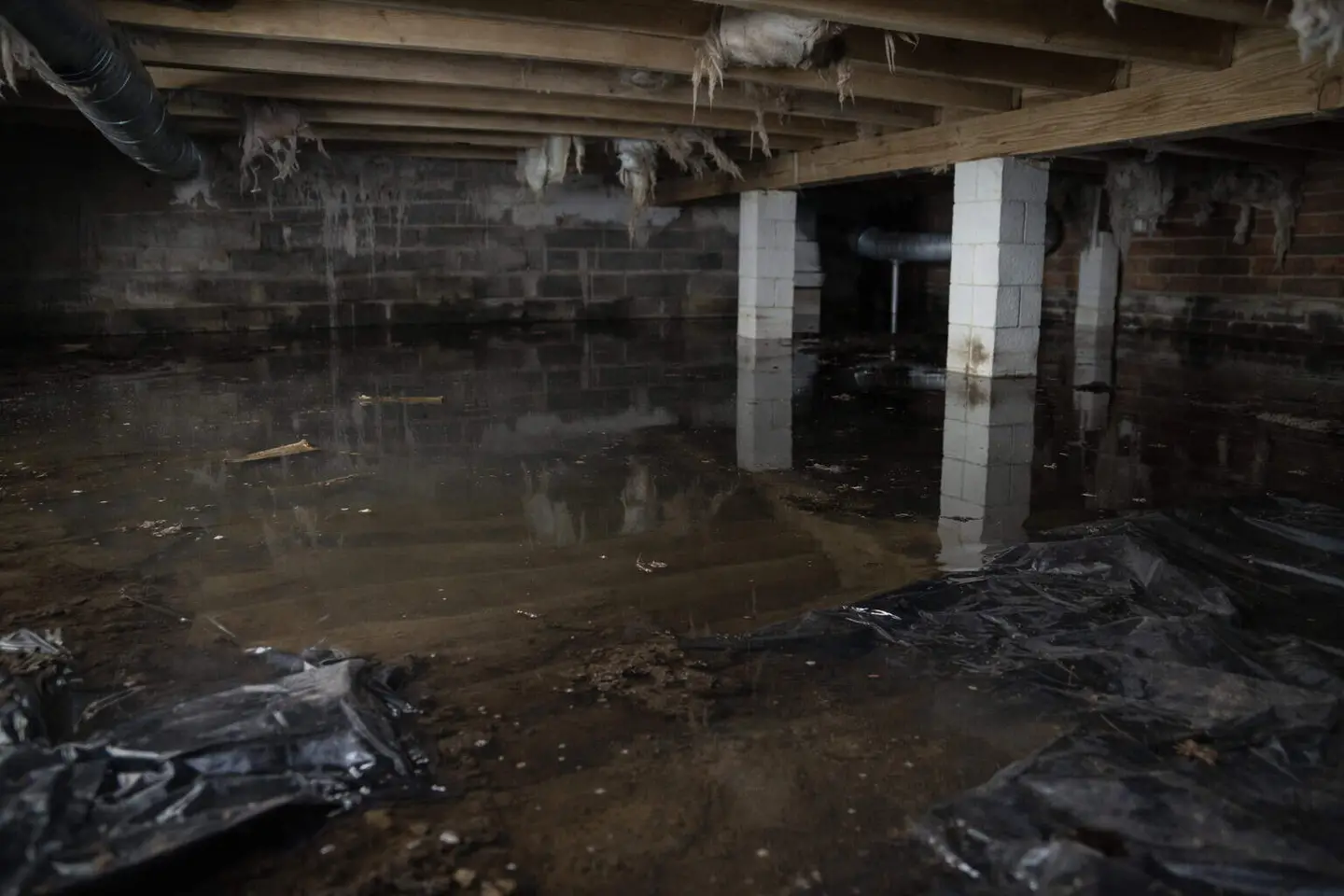 Ground Up Foundation Repair, Waterproofing and Concrete Leveling inspecting a severely flooded crawl space with standing wate