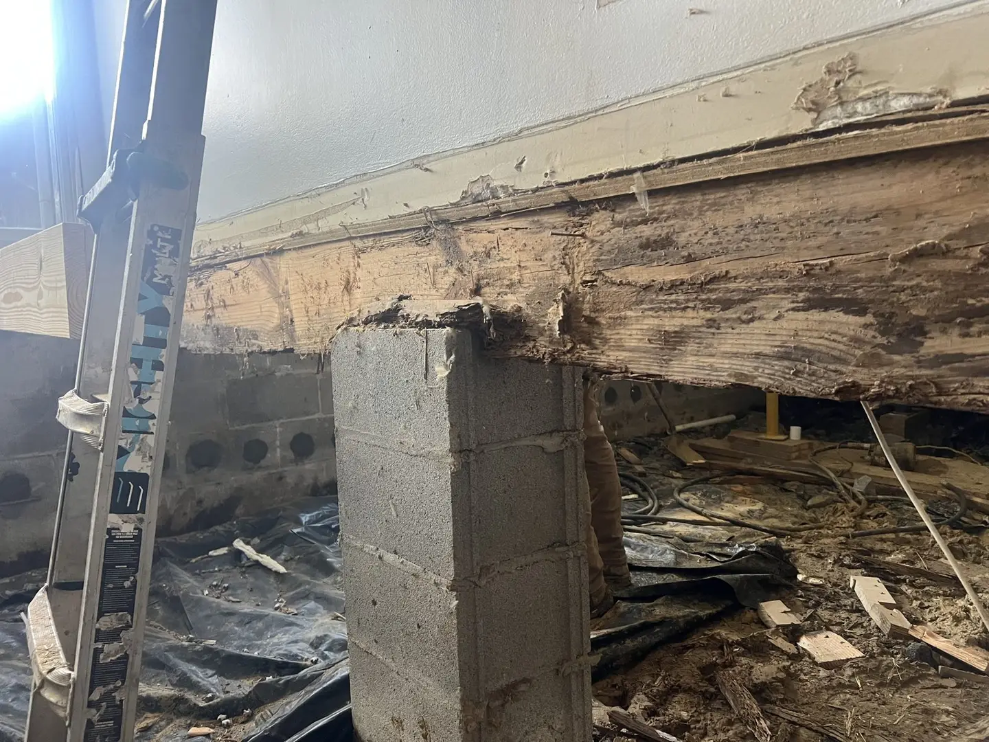 Ground Up Foundation Repair, Waterproofing and Concrete Leveling inspecting severe wood rot and structural damage to a crawl