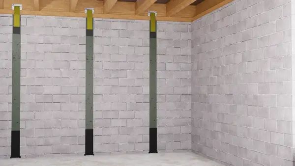 Illustration of carbon fiber reinforcement straps anchored floor to joist across a concrete block basement wall.