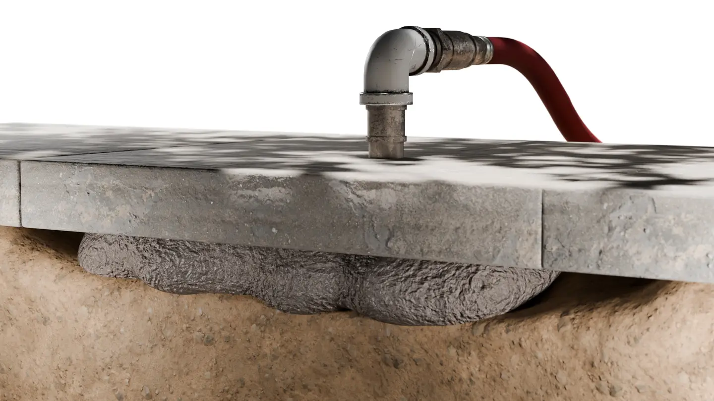 Ground Up Foundation Repair, Waterproofing and Concrete Leveling demonstrating mudjacking grout injection under a concrete