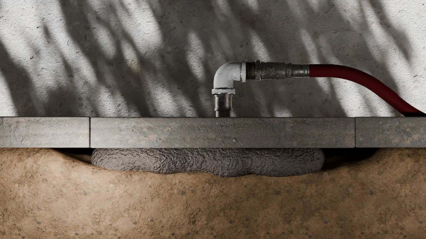 Ground Up Foundation Repair, Waterproofing and Concrete Leveling performing mudjacking with cement grout injection under