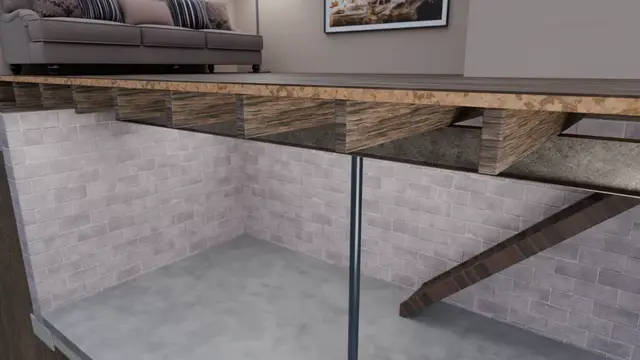 Ground Up Foundation Repair, Waterproofing and Concrete Leveling supporting wooden floor joists with a steel support pier