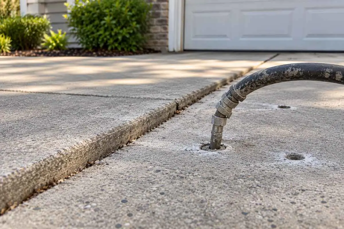 Ground Up Foundation Repair, Waterproofing and Concrete Leveling performing polyurethane foam injection on a concrete