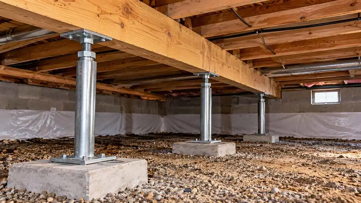 Adjustable support jacks in a crawl space.
