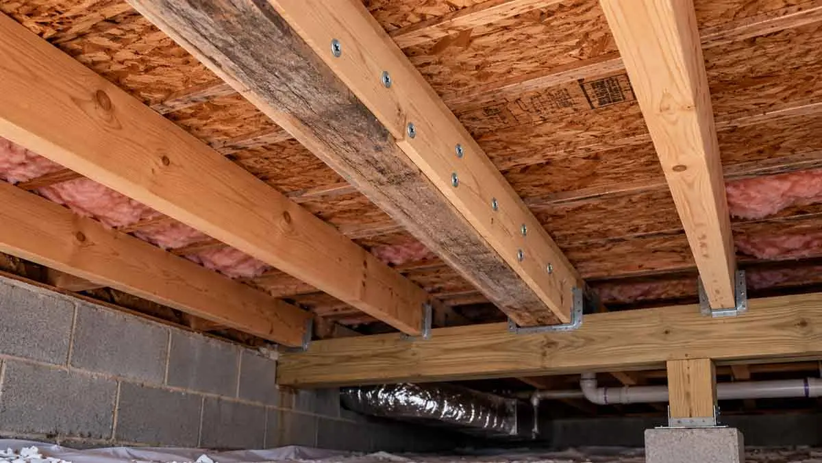 A sistered joist in a crawl space.